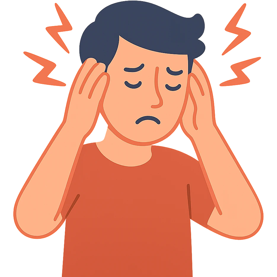 flat toon style person with a headache, simple shapes, pain lines emoji