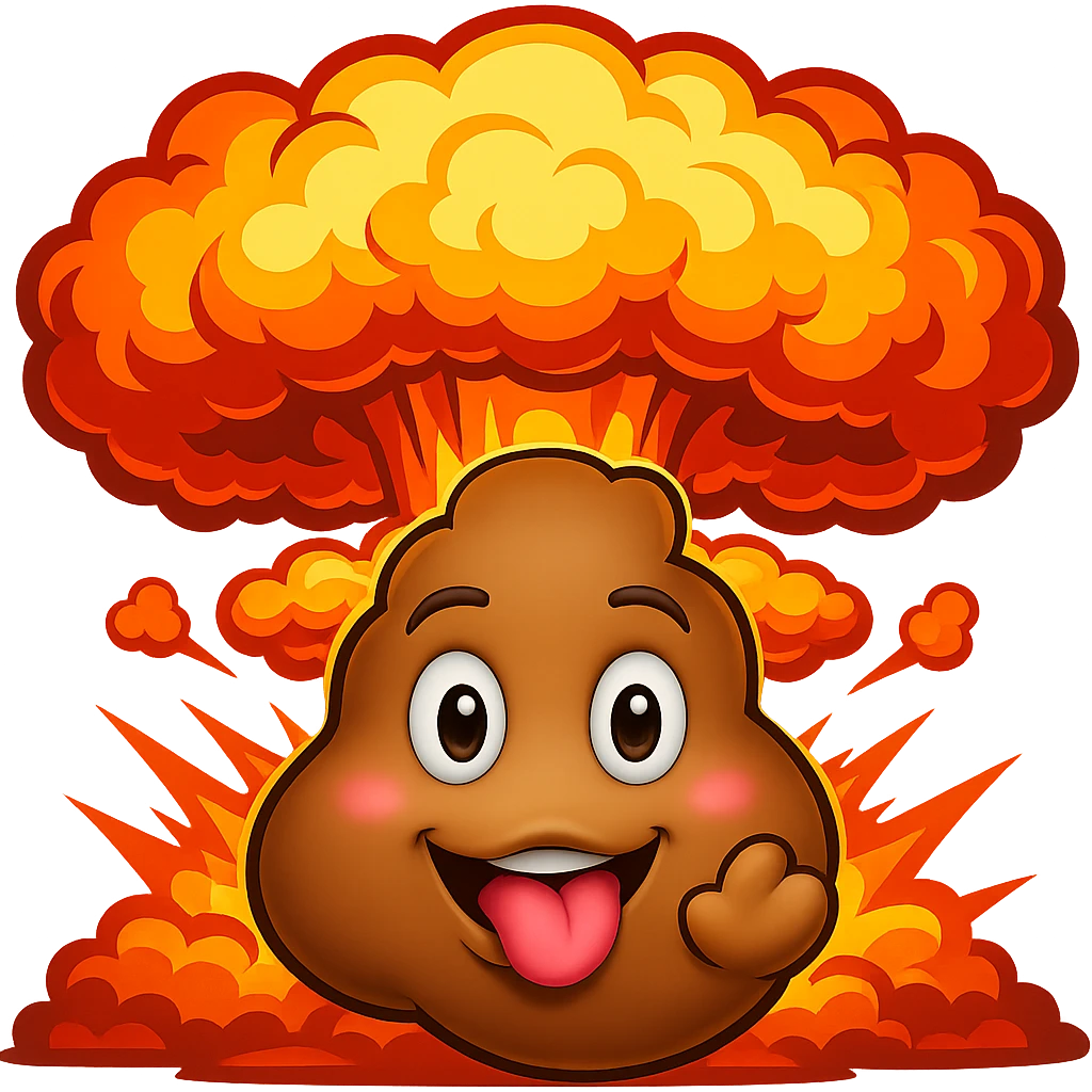 Add a dramatic poop nuke explosion behind the smiling poop blowing a kiss, fun and silly, no background. emoji