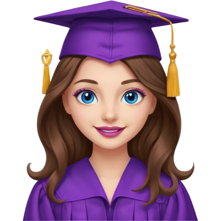 girl with long wavy brown hair, blue eyes, long lashes makeup, sexy pink lips, wearing a purple graduation cap and gown emoji