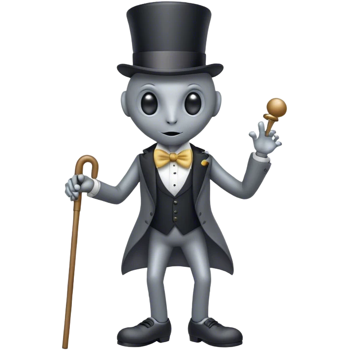 Gray alien tap dancing with a top hat, bow tie, and a cane emoji