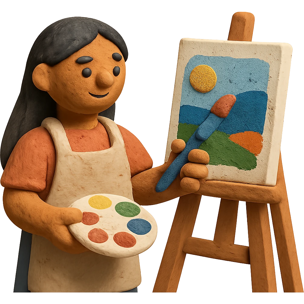 tanned woman artist with long black hair, wearing an apron, painting at an easel, holding a palette and brush, claymation style emoji