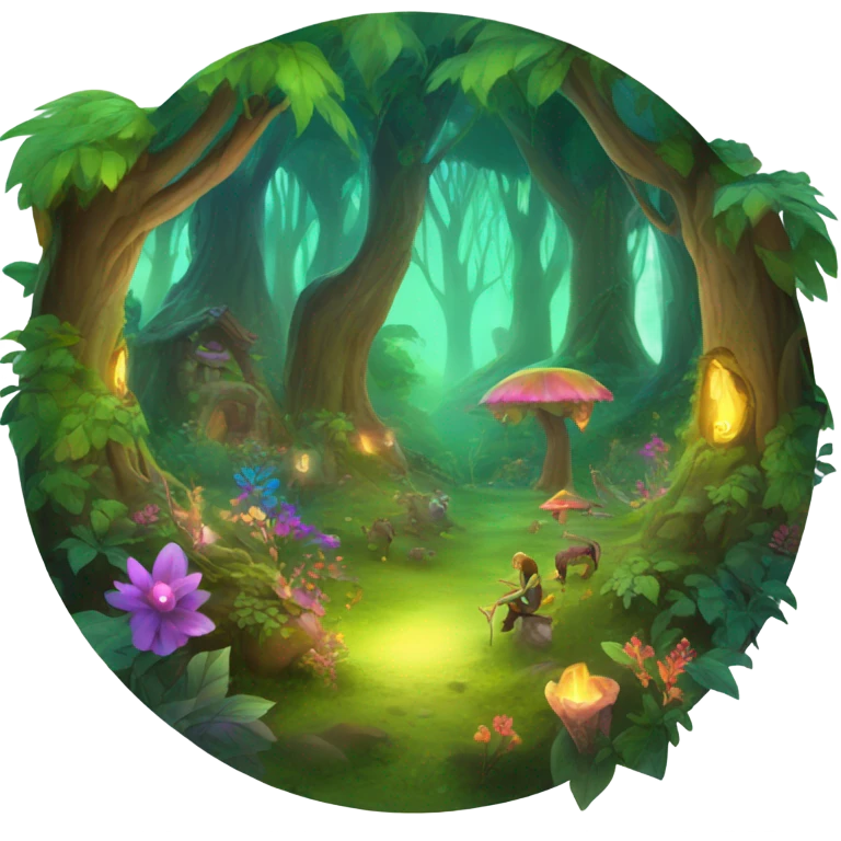 A magical forest. In the background, there is a city and a beautiful sunset emoji