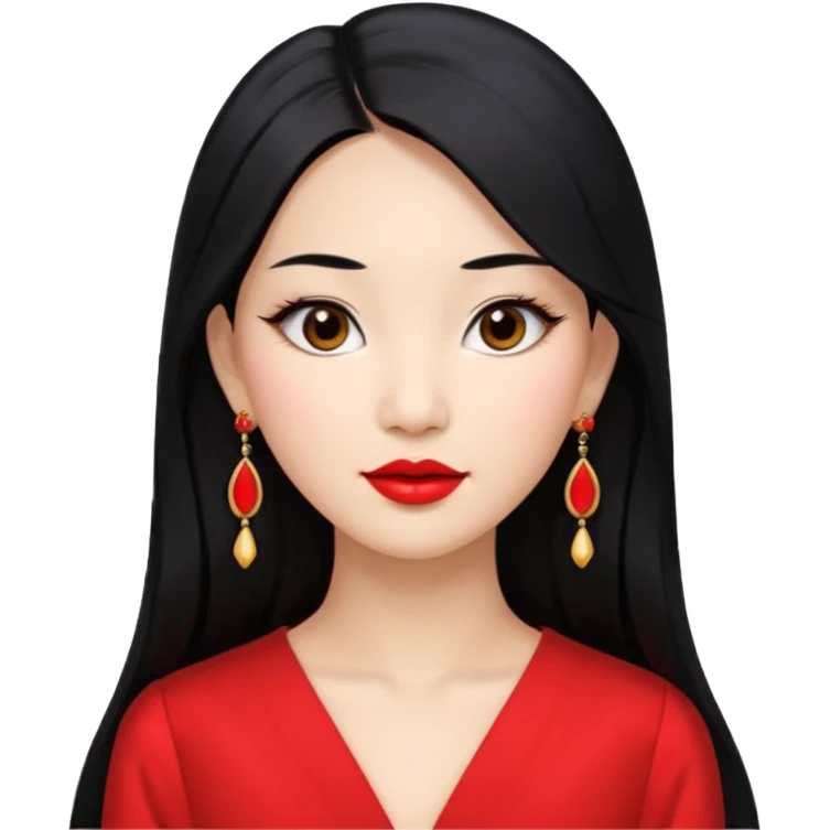 30 yr old asian woman, center part straight long black hair, very pretty, fancy dress, earings, red lipstick emoji
