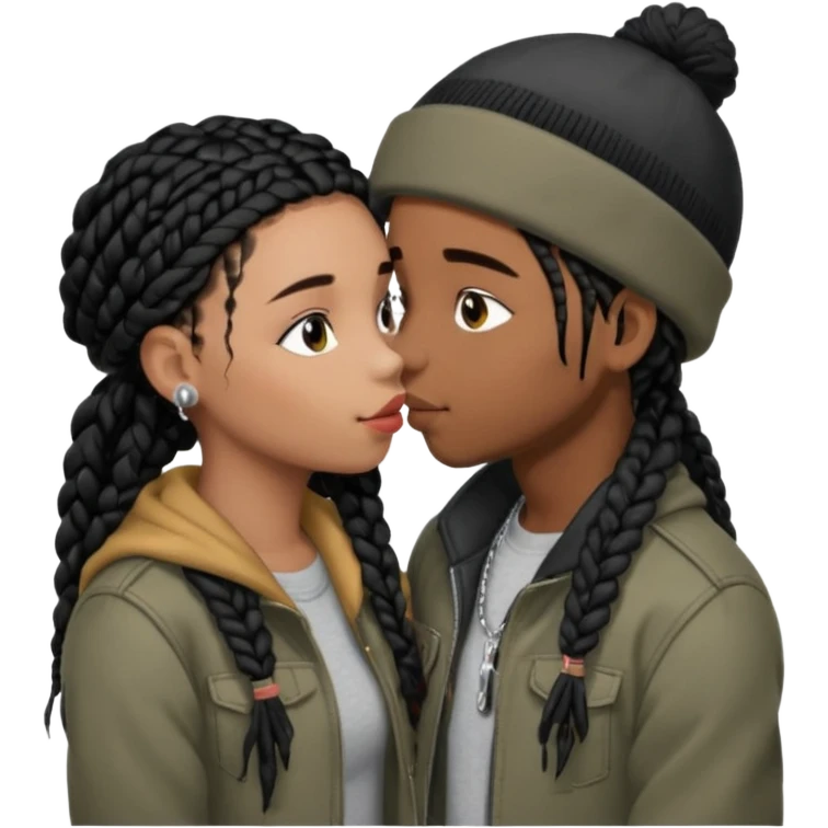 The girl and boy kissing emoji but the girl is a brown skin girl with black braids and has cute lashes, and lipgloss, and the boy is a brown skin boy with brown dreads, a black beanie, and a grey jacket emoji