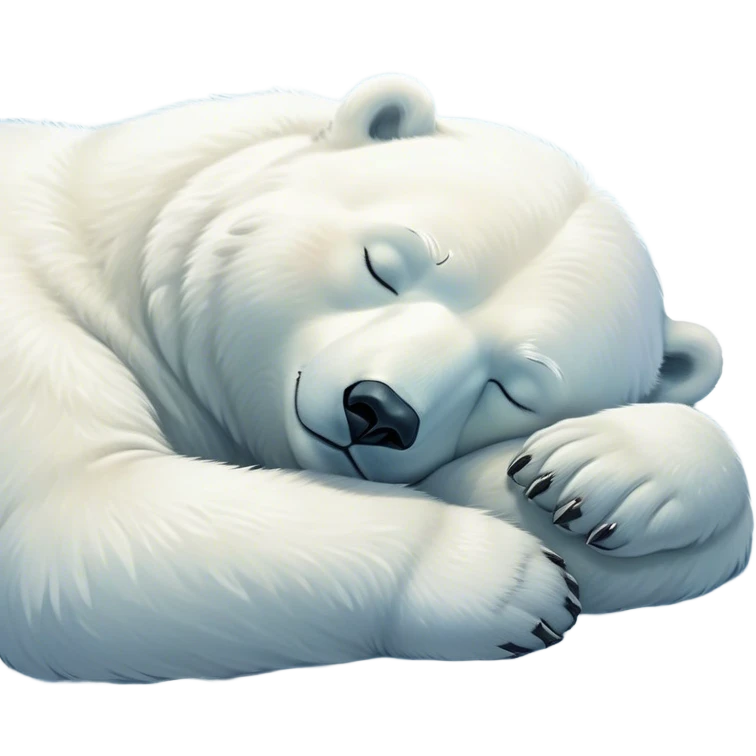 Meme-Worthy cute Sleeping Polar Bear Portrait Emoji, Head resting peacefully with a contented smile, showcasing a luxuriously soft snowy coat and eyes closed in serene slumber, Simplified yet hilariously adorable features, highly detailed, glowing with a soft, drowsy polar light, high shine, relaxed and utterly lovable, stylized with an air of playful laziness, bright and heartwarming, soft glowing outline, capturing the essence of a sleeping polar guardian that feels destined to become the next viral sensation of adorable rest! emoji