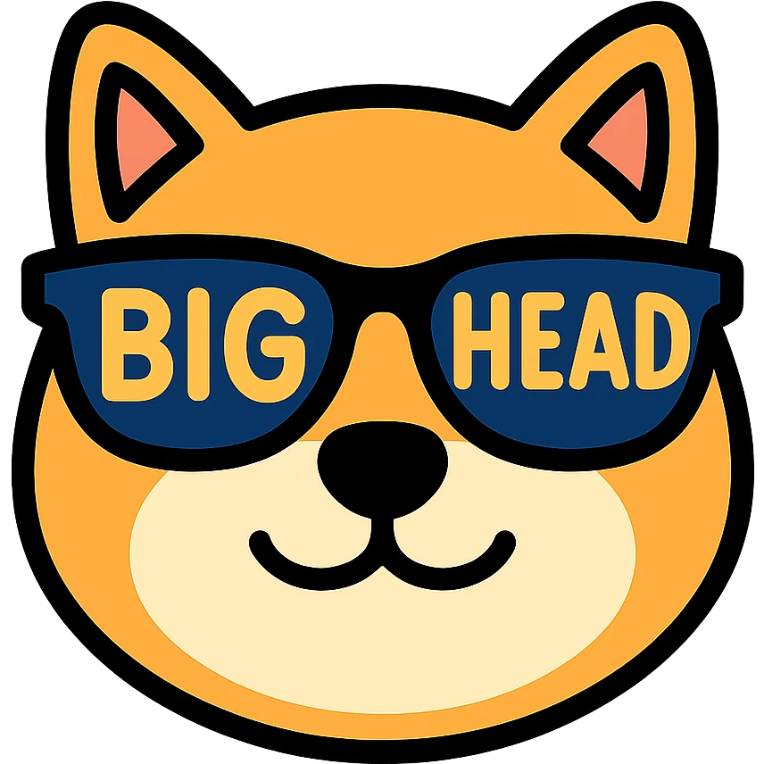 close-up of a Shiba Inu face wearing sunglasses with the text 'BIG HEAD' inside the sunglasses lenses emoji