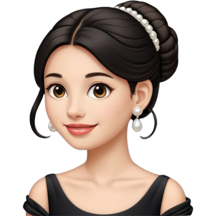 young elegant lady emoji, long dark hair in a chignon, pearl earrings, black dress, graceful smile emoji