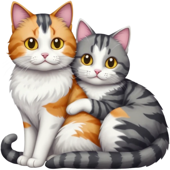 full body colourful light patched calico + white tabby cat cuddling a bigger cat that is dark grey and white tabby cat  and they are in love emoji
