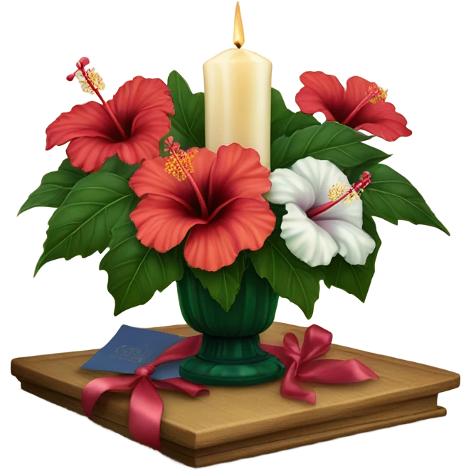 A vintage floral arrangement of hibiscus with a satin ribbon and a candlelit setting
 emoji