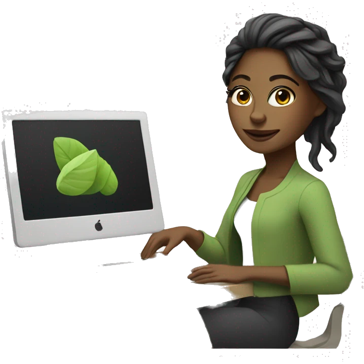female designer with her computer and matcha emoji