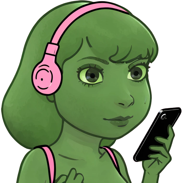 kawaii girl scrolling on pink cell phone emoji