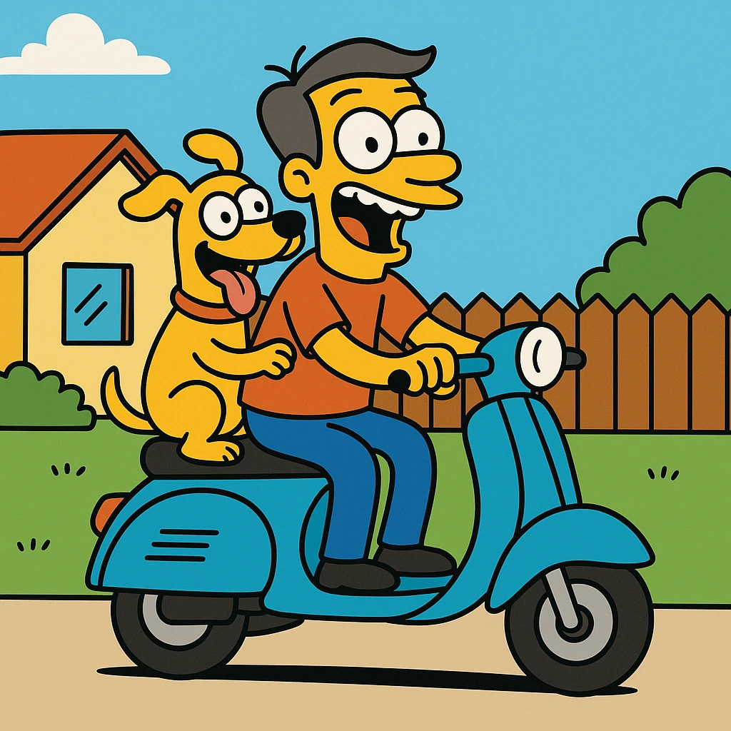 man and his pet dog riding a vespa emoji