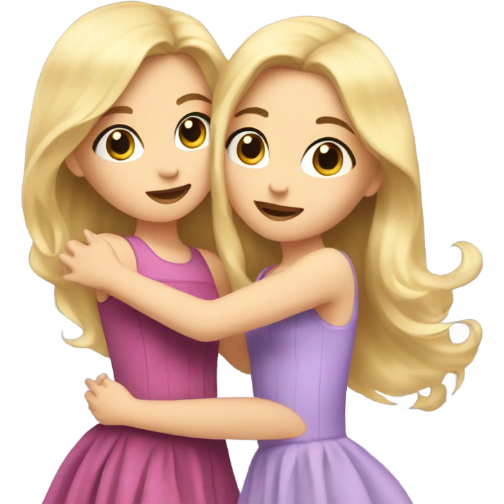 a girl with brown long hair makeup hugging a girl with blonde hair and both in dresses emoji