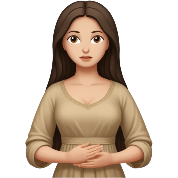 fullbody Mary Magdalene, buxom and fit figure, very pretty detailed face, plain light tan dress, arms down, no hood, dark hair emoji