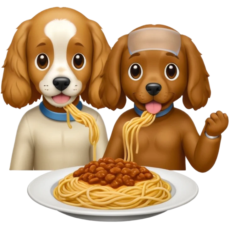 American Cocker Spaniel and Mongrel Eat Spaghetti Between Them, iphone emoji style, reference image: https://attic.sh/7pfc4fbn6y0ij1bao69rntq1w5mv emoji