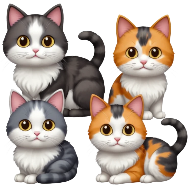 4 different coloured short haired cats including; a dark brown and white cat, and a dark grey and white, and a calico emoji