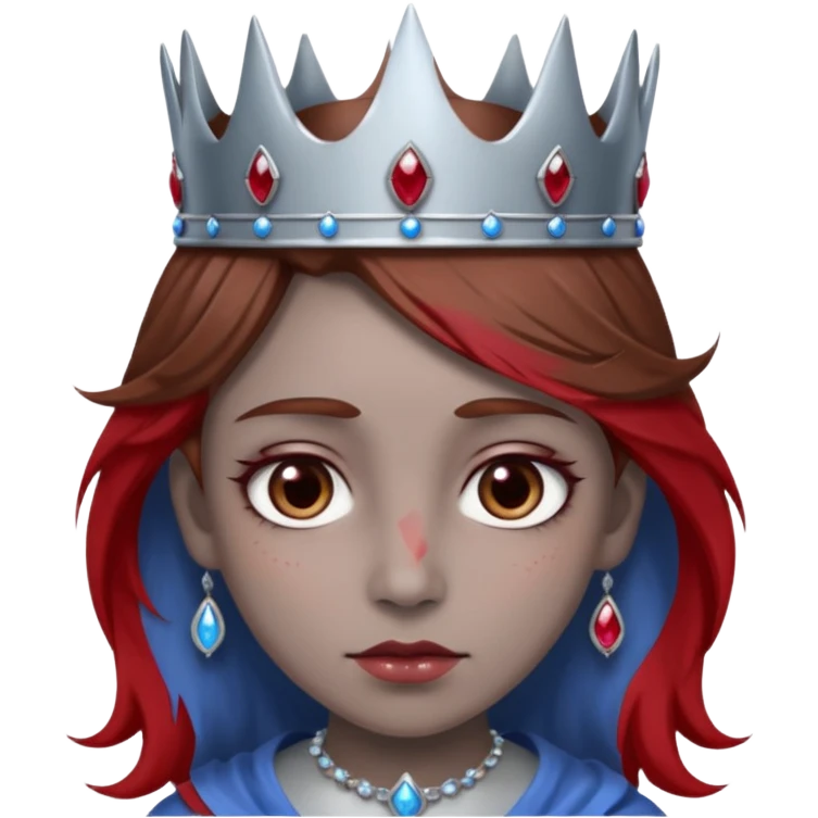 grey head with right eye blue and left eye red. he has messy brown hair and a silver crown with rubies on it emoji