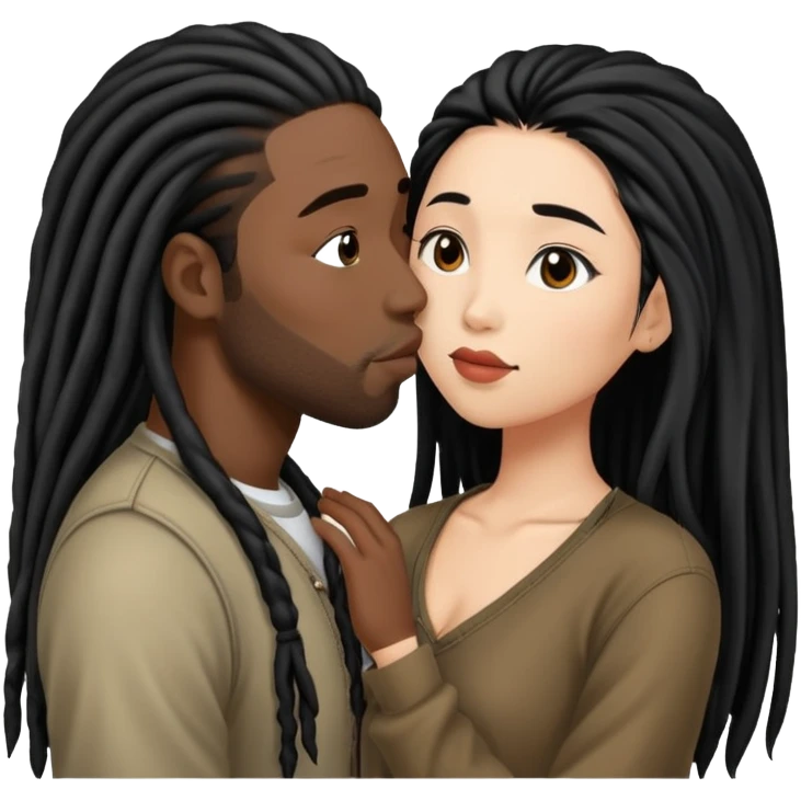 Asian Woman with long hair kissing a black guy with dreads no beard emoji