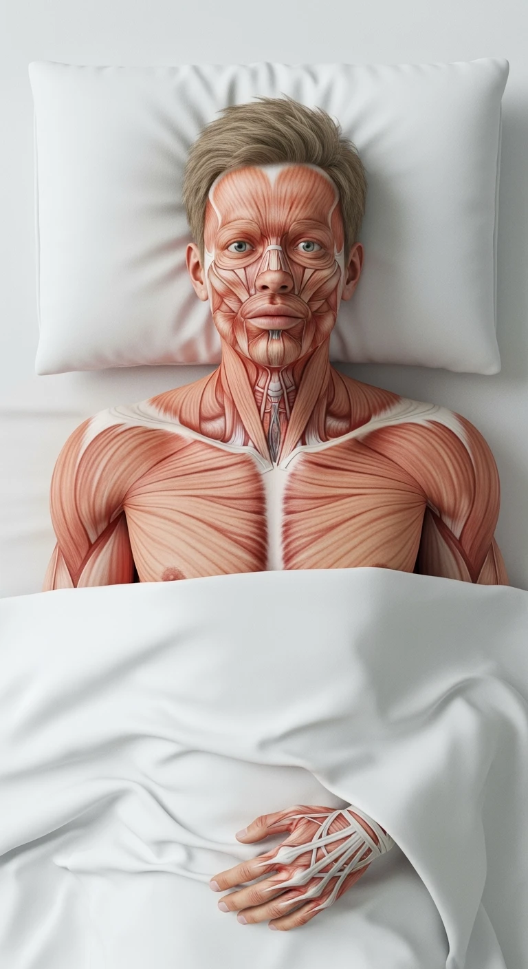 corpo umano anatomico realistico con la testa poggiata sul cuscino ma gli occhi aperti perché non riesce a dormire, visto dall'alto, sfondo bianco
IPERREALISTICO 4K emoji