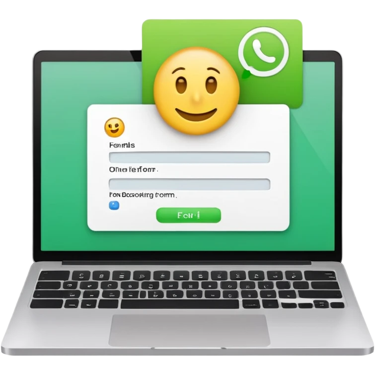 A emoji-style illustration of a laptop front facing with its screen showing onboarding form. On the screen, display a small white form card with a few input fields no labels. Add a bright green button at the bottom of the card no label. fix the keyboard letters. emoji