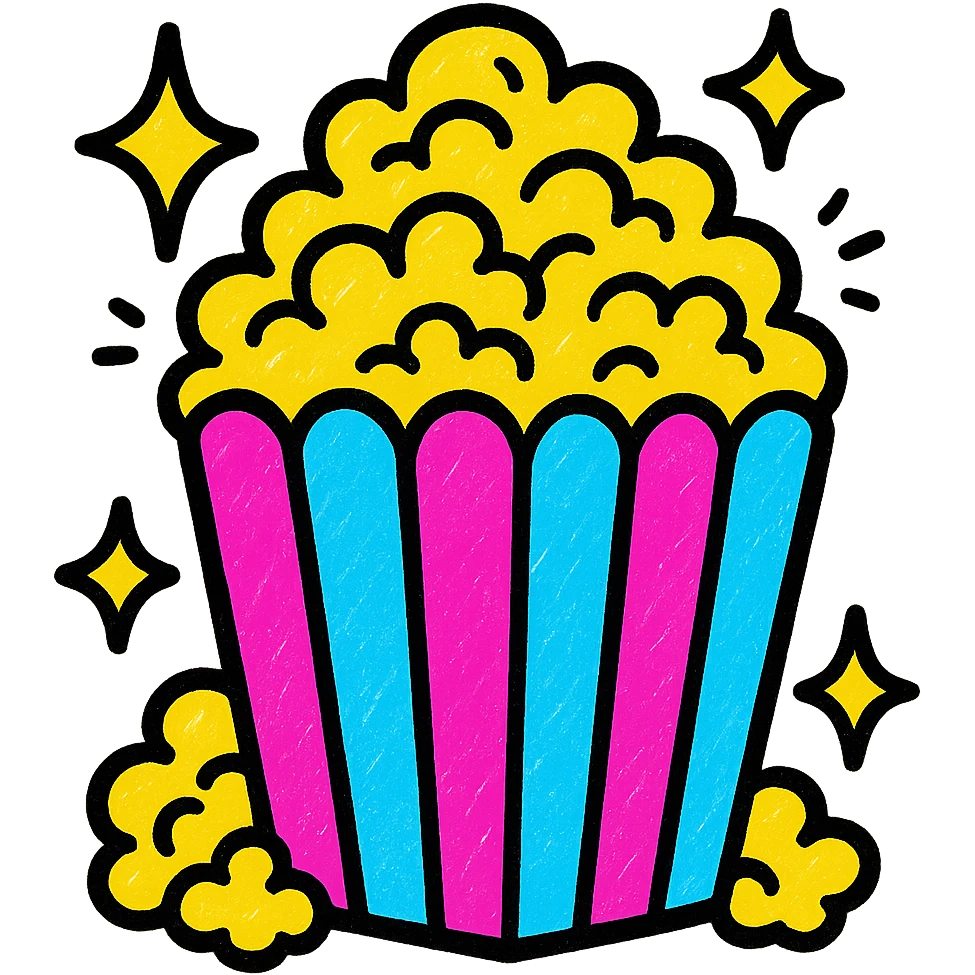 overflowing popcorn box with sparkles, fun and energetic style emoji