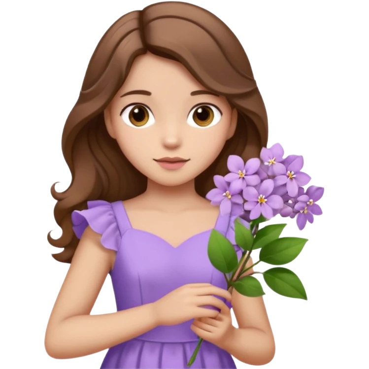 Menina parda/branca de cabelo ondulado castanho partido de lado com uma flor lilás e vestido lilás emoji