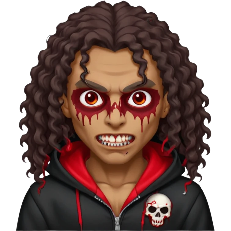 Vampire wearing black hoodie with a skull logo on it, long curly hair, brown skin, fanged teeth, blood under eye sockets/forehead, piercings on eyebrows and long curly hair with a patch (section) of red emoji