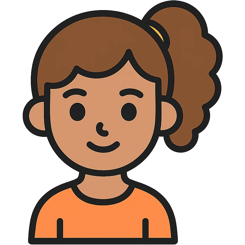 girl with brown curly hair in a ponytail, brown eyes, brown hair, color outline icon emoji