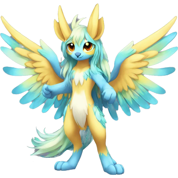 Anthro Sona Cool Cute Colorful Shy Winged Shiny Fakemon-Fantasy-Creature With Long Hair-Mane Full Body emoji