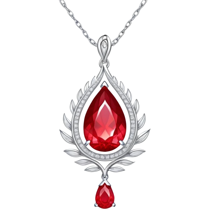 teardrop ruby pendant with fiery light, tiny phoenix feather emerging, haloed by shimmering white stones, silver chain like liquid moonlight emoji