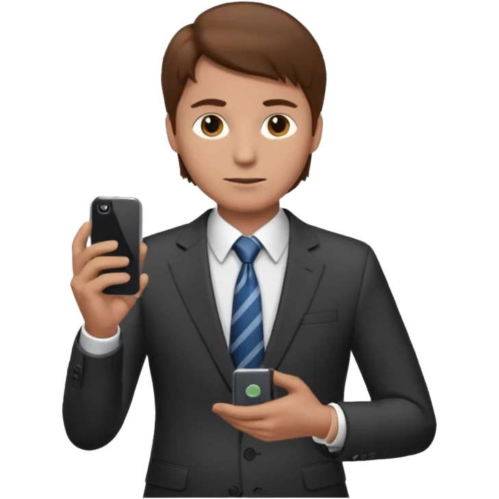 Un hombre de traje con tez clara pelo color castaño, vestido con traje camisa y corbata y celular en mano .  emoji