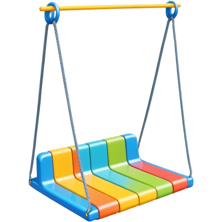 a colorful plastic swing with a safety bar in front, hanging from two ropes, glossy surface and soft shadows emoji