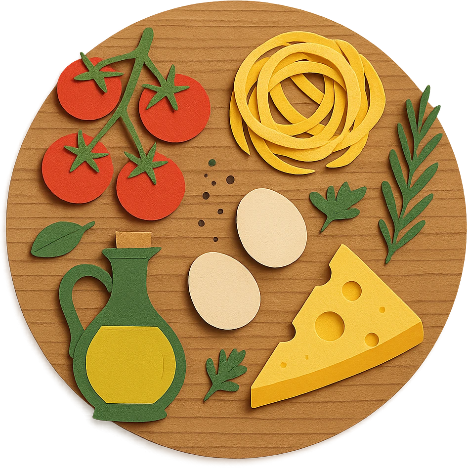 A realistic top-down view of a wooden kitchen table with various common ingredients neatly arranged (like tomatoes, pasta, eggs, cheese, herbs, olive oil). The background should be dark and soft to match a modern app interface. Lighting should highlight the ingredients naturally, with soft shadows. No text, no hands, minimalistic but warm and homely, like a mobile UI background for a cooking app. Should be circle emoji
