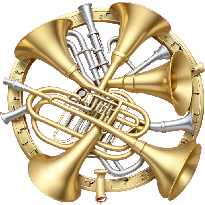 Create a festive and elegant emoji collage featuring a bouquet or fan of brass instrument bells (trumpets, saxophones, trombones, tubes, etc.) arranged in a radiant, symmetrical pattern. The instruments should have polished, golden and silver finishes, with their large, shiny bells forming a beautiful, fan-like display. Include a flowing ribbon of musical notes swirling through the center, conveying movement and melody. The background should feature a deep red velvet texture, adding a touch of luxury and sophistication. The overall composition should be balanced, with an elegant and regal feel, with a transparent background to keep focus on the instruments and musical elements. emoji