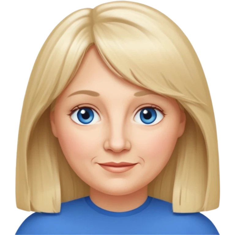 50 yr old white woman, curtain bangs, very long straight blond hair, oval face, small smile, blue eyes, slightly chubby face emoji