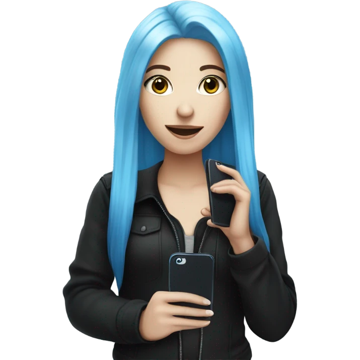 white skin girl with long blue hair in black clothes holding a phone emoji
