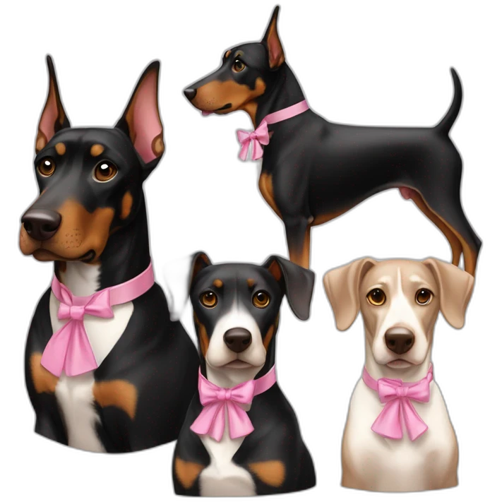 3-dobermans-including-white-one-with-a-pink-bow-tie-on-the-neck,-one-black-and-one-brown emoji