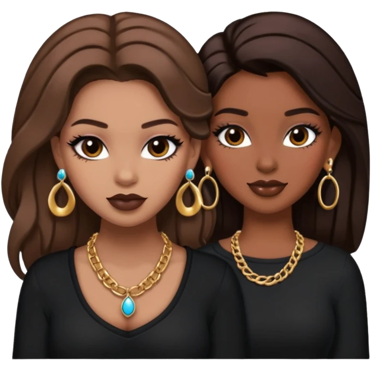 Boujy baddie best friends, trendy heavy makeup both dark hair one light skinned and one mocha brown pretty hair style both wearing black and earrings and necklace one mocha brown skin emoji