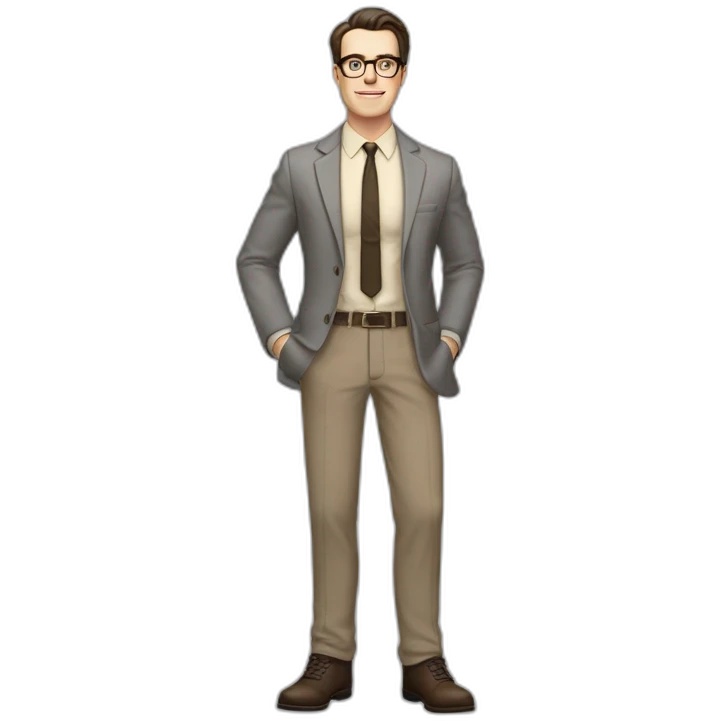 Full height Pale skinned Fit Man With dark brown hair in gray jacket, beige office shirt, tie, Brown pants and vintage glasses. Thrumbs of his palms directed up emoji