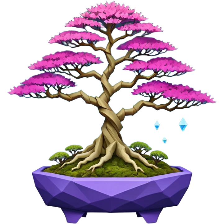 Futuristic wild glowing et alien moss maples Bonsai hair-fine-leaf group crimson crystal boxwood purple and cream pink blue informal rocky cliffhanger eight tree forest planting in shallow origami slab style pot with big feet  emoji