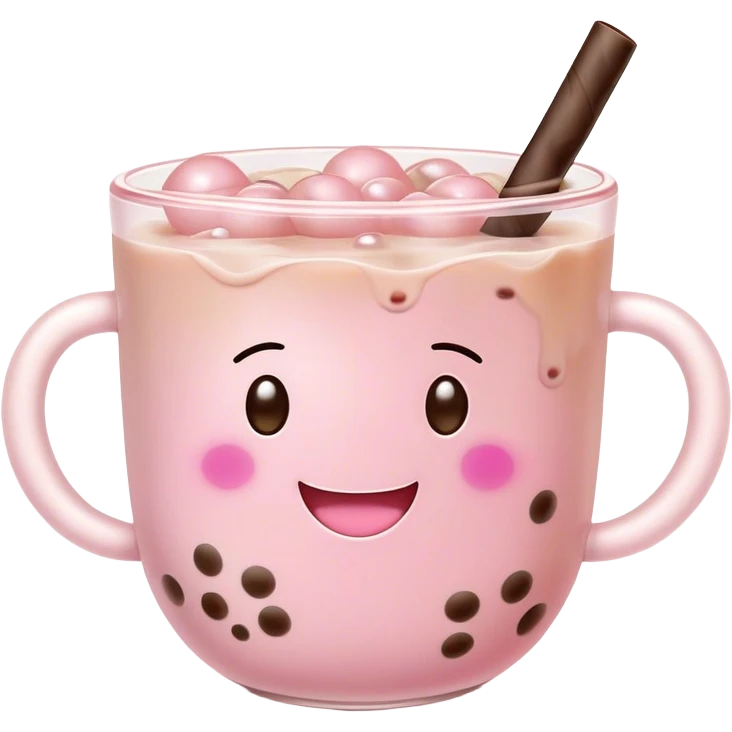 Cute Kawaii Boba Tea Cup, with a happy smiling face, chubby round shape, pastel pink and brown colors, soft glowing highlights, adorable tapioca pearls floating inside, sparkling eyes full of joy! emoji