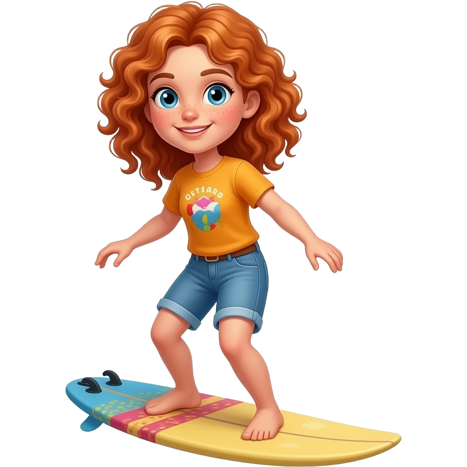 Fille rousse bouclés tâches de rousseur surf emoji