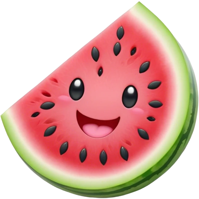 Cute Kawaii Watermelon Slice, juicy and vibrant, soft pastel green rind with pink flesh, tiny black seeds shaped like hearts, an adorable happy face with cute round eyes, bursting with summer energy! emoji