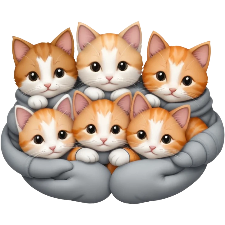 6 tiny kittens cuddling together all various different natural colours including solid grey with white mittens, grey and white, ginger and white, calico and brown and white emoji