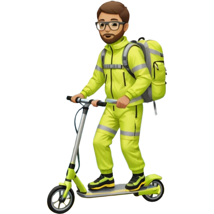 Man wearing a neon yellow high-vis waterproof suit with reflective stripes, carrying a large hiking backpack, standing on a stunt scooter. He has short brown hair, a trimmed beard, glasses, and is by the sea on a concrete platform. emoji