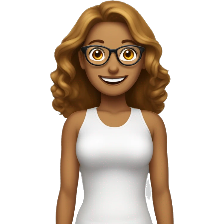mujer adulta con gafas piel blanca sonriendo car perfilada, ojos marrones grande cabello castaño y con iluminaciones doradas en elcabello emoji