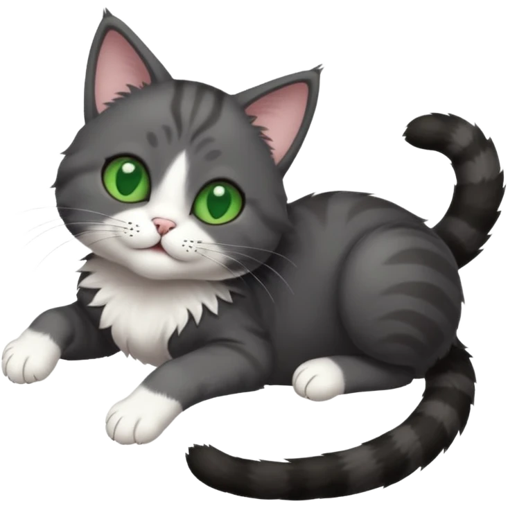 dark grey cat with green eyes, white toes/paws and white patch on her chest playfully rolling upside down emoji