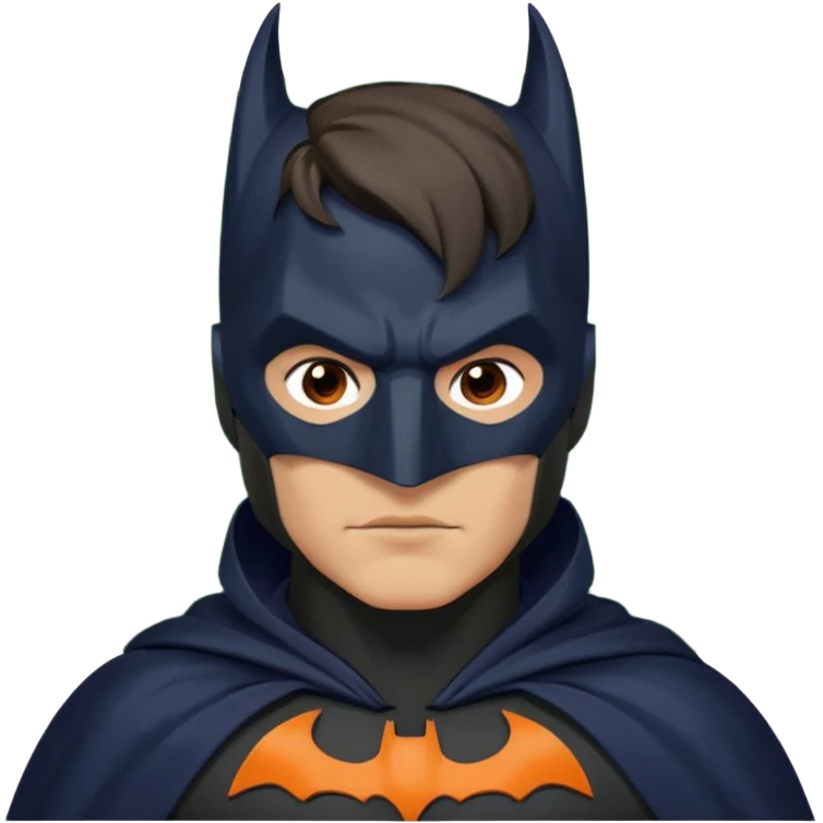 generate a batman emoji with just the face and neck showing and part of the cloak and and wings. Shade the bat logo on the chest in a medium green with a slight olive touch. Shade the mask in dark navy blue. Shade the cloak in a solid vibrant orange.

 emoji