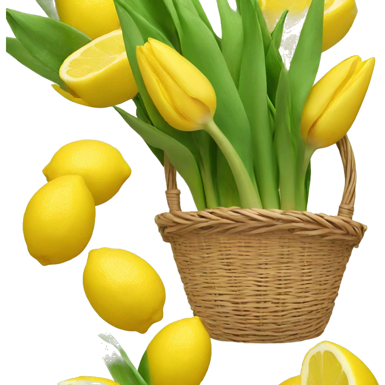 a basket with tulips and lemons emoji