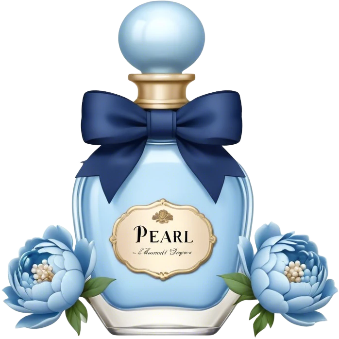 pearl blue vintage style perfume bottle and navy colored peonies and a powder blue bow emoji